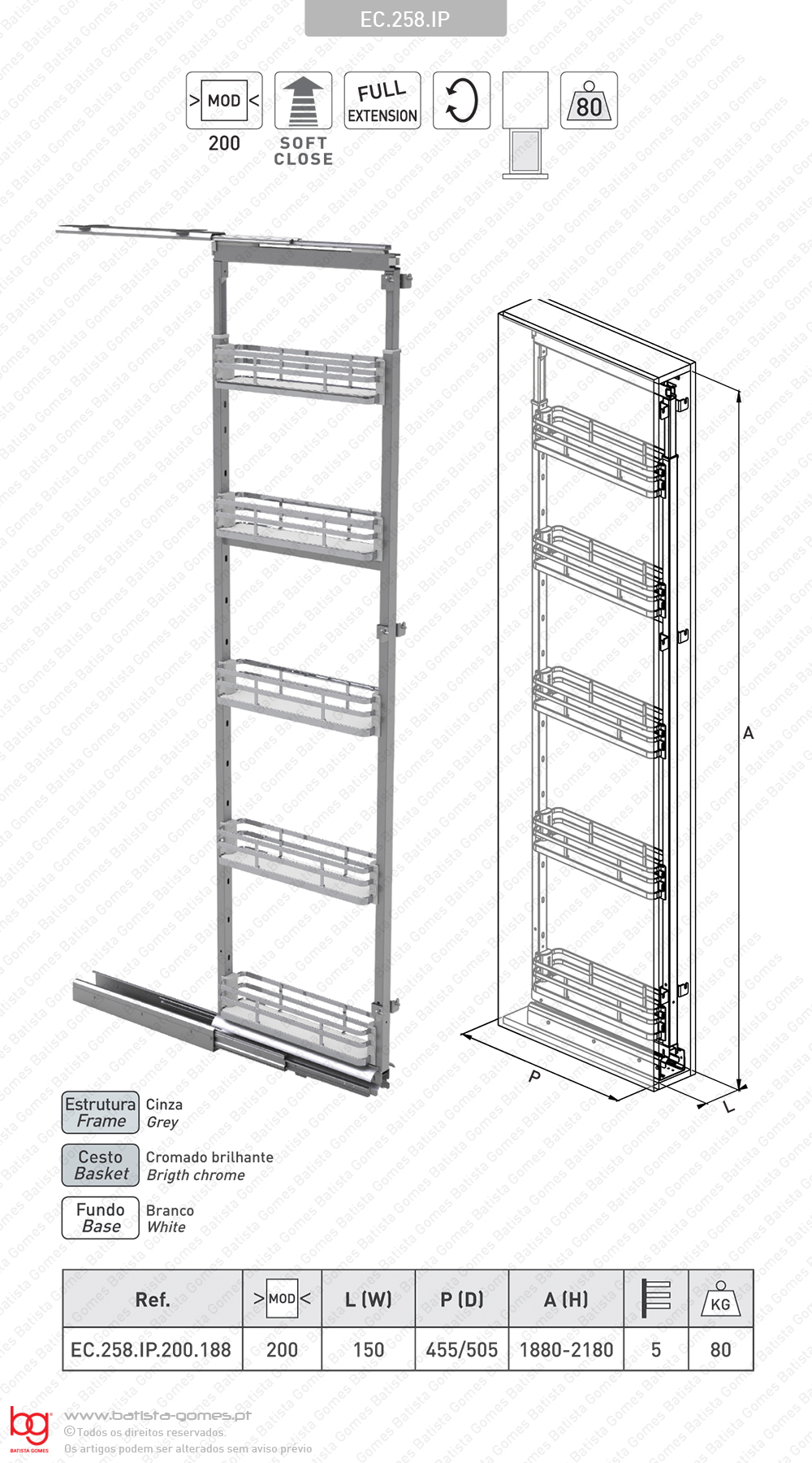 Despenseiro estreito multiusos com 5 cestos para aplica��o porta frontal - Extrac��o total com Soft-close - M�d. 200 - Cromado